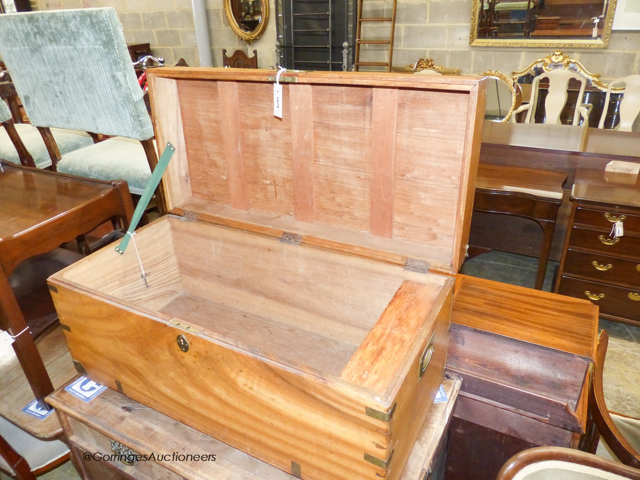 A small 19th century camphorwood trunk, fitted candle box to interior. W-83, D-39, H-41cm. W 83cm